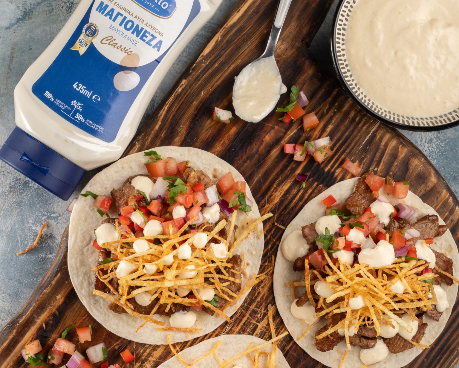 Pork Gyros Tacos with Mango Mayo & Pico de Gallo